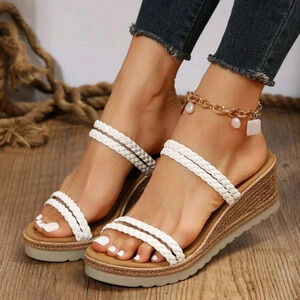 White Sandals For Women, Braided Detail Wedge Slide Sandals